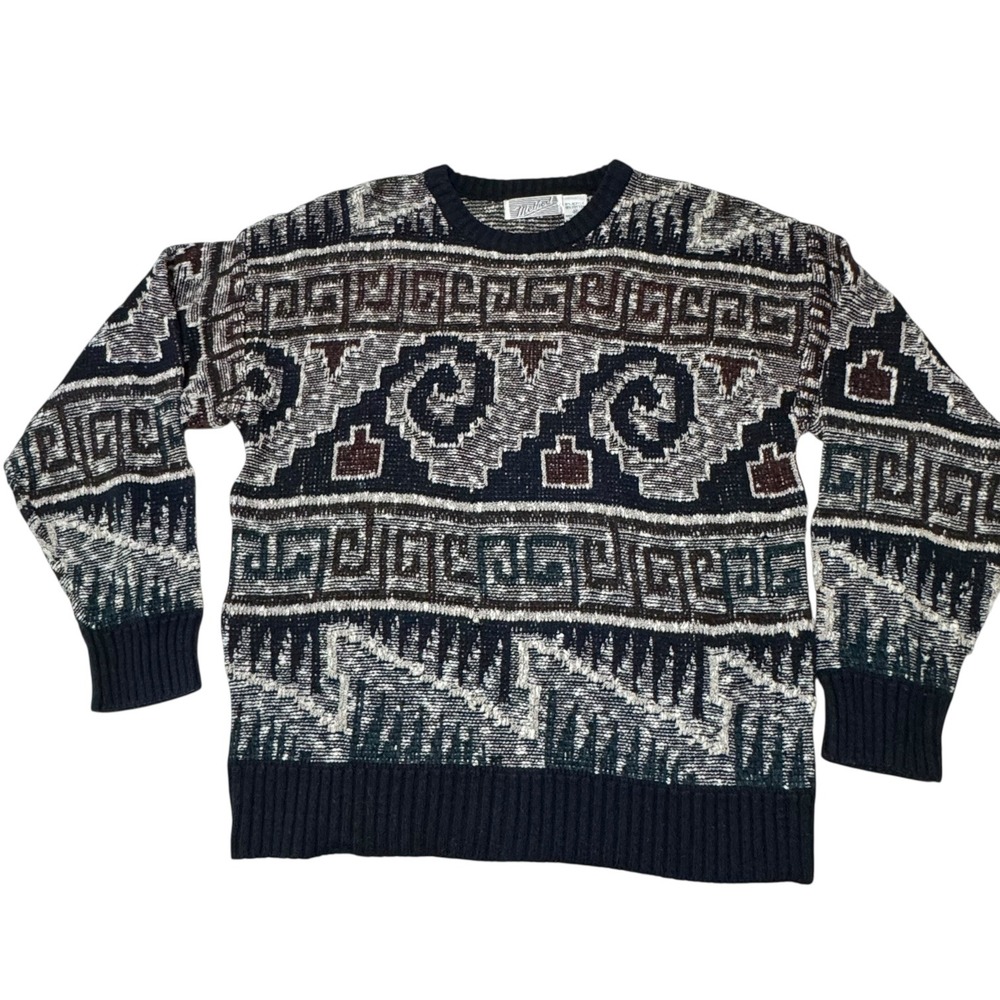 VTG 90s Abstract Southwestern retro Grandpa Knit Sweater Coogi Style Crosby Sz M